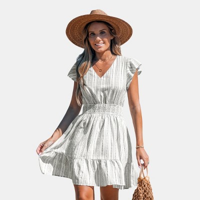 Women's Striped V-Neck Ruffled Mini Dress - Cupshe