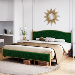 Velvet Upholstered Bed Frame with Solid Wooden Slats Support and Button Tufted Headboard - 1 of 4