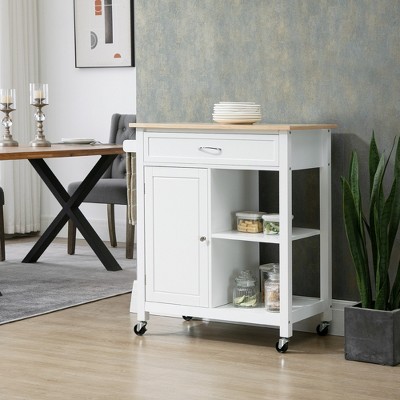DOMETOUR Kitchen Island Cart White, Rolling Kitchen Island with Storage, Solid Wood Top and Drawer, for Dining Room