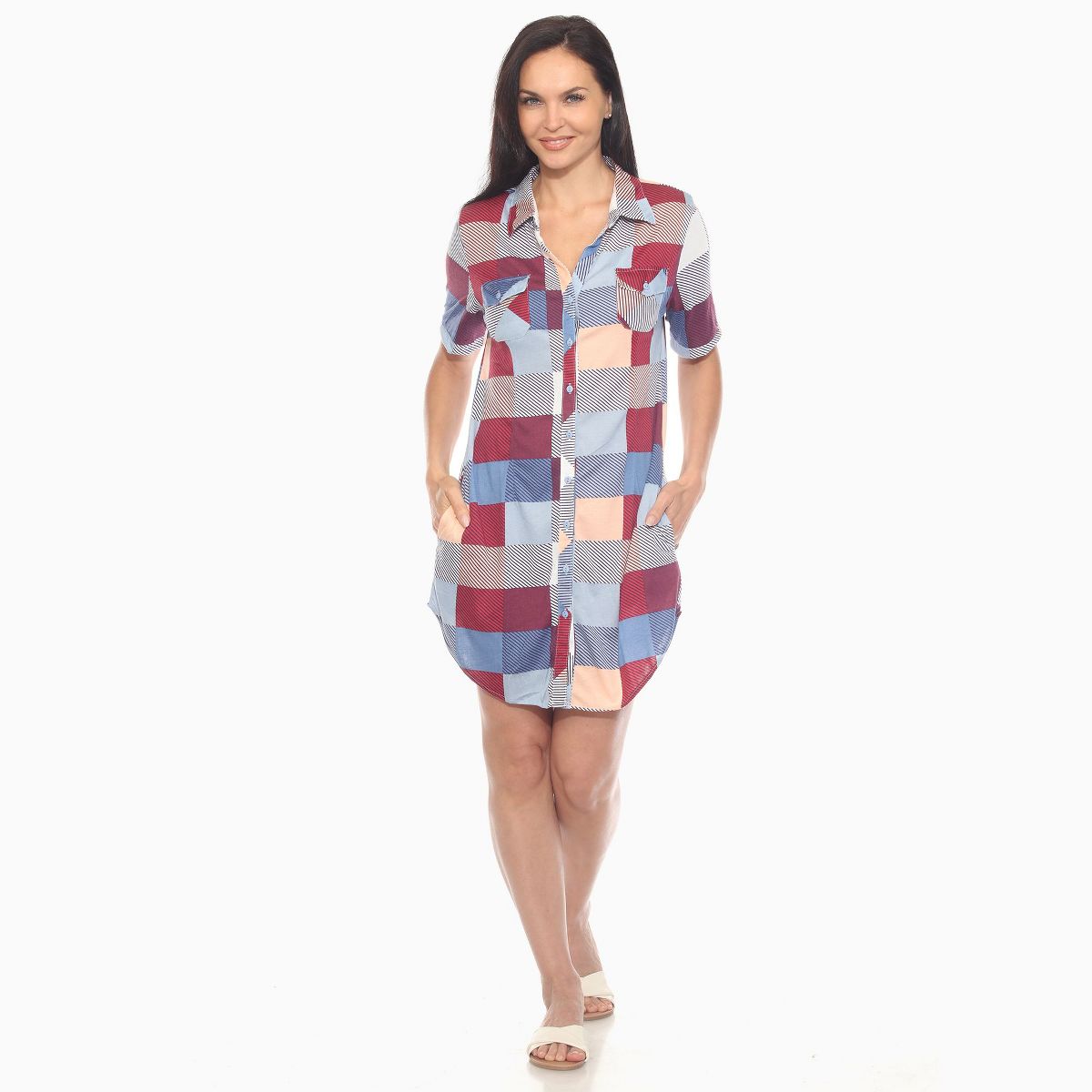 Women’s Short Sleeve Plaid Button Down Shirt Dress -White Mark - thumbnail 5