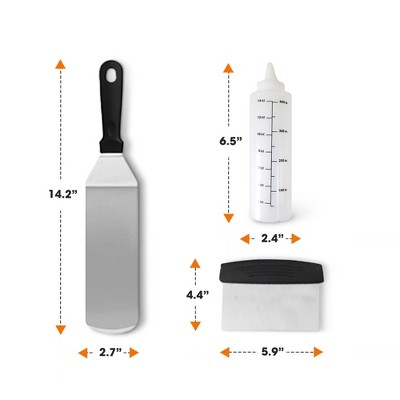 Cheer Collection 5 Piece Stainless Steel Griddle Set – Spatulas, Scraper, and Squeeze Bottles