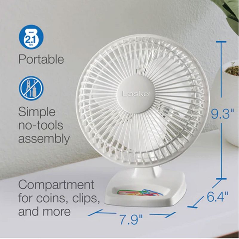 Lasko 6-Inch 2002W 2-Speed Personal Portable Table Fan with Storage Tray, Easy Grip Rotary Control, and Tilt-Back Head for Home and Office, White, 3 of 7