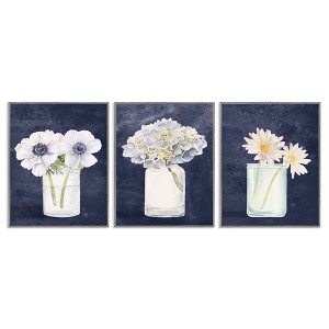 Stupell Industries Navy Blue Flower Bouquets 3pc Framed Giclee Art Set - 1 of 4