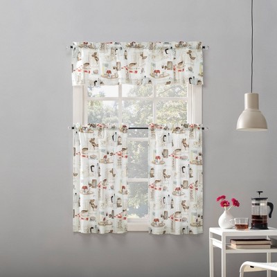 White Coffee Shop Print Sheer Polyester Kitchen Curtain Set