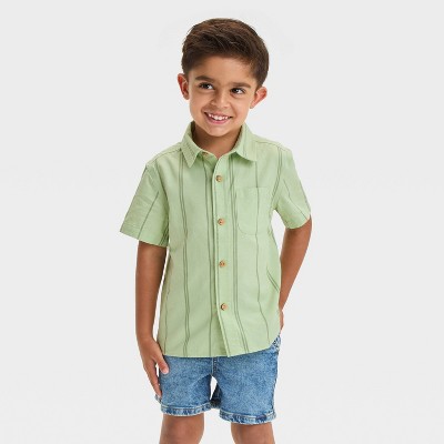 Image of Toddler Boys' Short Sleeve Striped Oxford 'Button-Down' Shirt - Cat & Jack™ Green 12M