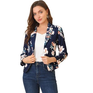 INSPIRE CHIC Women's Open Front Office Long Sleeve Lightweight Printed Floral Crop Suit Blazer - 1 of 4