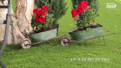 Set of 2 Green Rustic Iron Wheelbarrow Planters