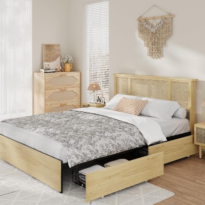 Bed Frame with Natural Rattan Headboard, Sturdy Wooden Slats, Metal Platform, Boho Cane Mattress Support, Stylish and Robust Bedroom Furniture