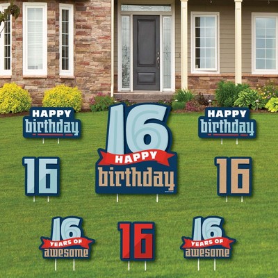 Big Dot of Happiness Boy 16th Birthday - Yard Sign and Outdoor Lawn Decorations - Sweet Sixteen Birthday Party Yard Signs - Set of 8