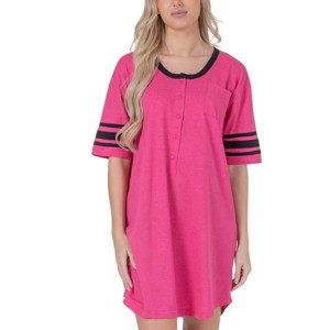 YafeMarte Women’s Short Sleeve Long Henley Nightshirt with Striped Sleeves and Pocket - 1 of 4