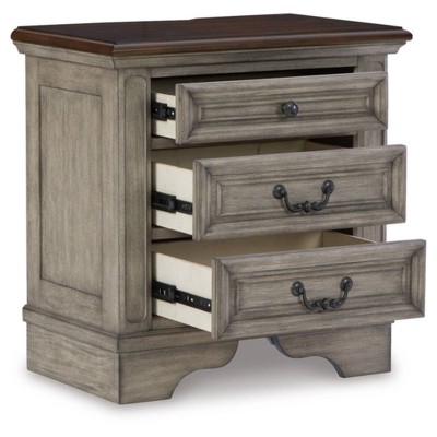 Antiqued Gray and Walnut 3-Drawer Nightstand with USB Ports