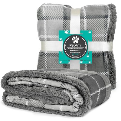 Plaid Light Grey Waterproof Sherpa Fleece Pet Blanket 29x40