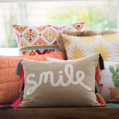 Natural Beige Embroidered Smile Rectangle Throw Pillow with Tassels