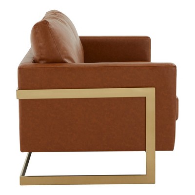 Cognac Tan Faux Leather Loveseat with Gold Metal Legs