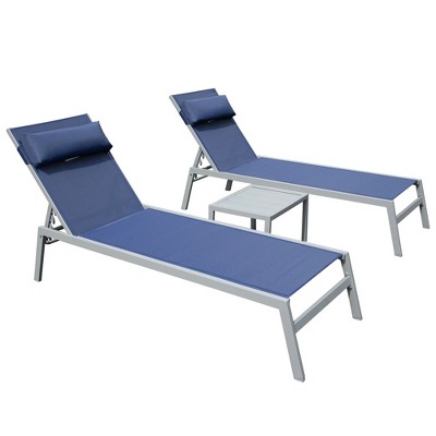 Patio Chaise Lounge Set of 3, Aluminum Pool Lounge Chairs with Side Table, Outdoor Adjustable Recliner All Weather (Navy Blue)