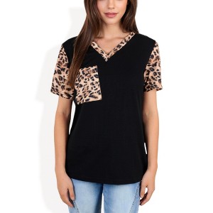 Anna-Kaci Women's V-Neck Leopard Print Pocket Tee with Contrast Sleeves Casual Relaxed Fit - 1 of 4