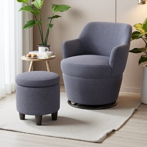 360-degree Swivel Barrel Chair with Ottoman and Burlap Fabric Upholstery - 1 of 4