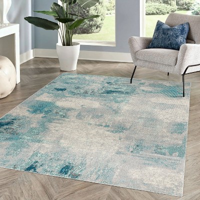 Cream and Blue Abstract Flat Woven Synthetic Area Rug