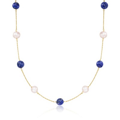 Ross-Simons 8-8.5mm Cultured Pearl and 8mm Lapis Bead Station Necklace in 14kt Yellow Gold Size 18