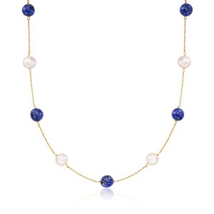 Ross-Simons 8-8.5mm Cultured Pearl and 8mm Lapis Bead Station Necklace in 14kt Yellow Gold Size 18 - 1 of 3