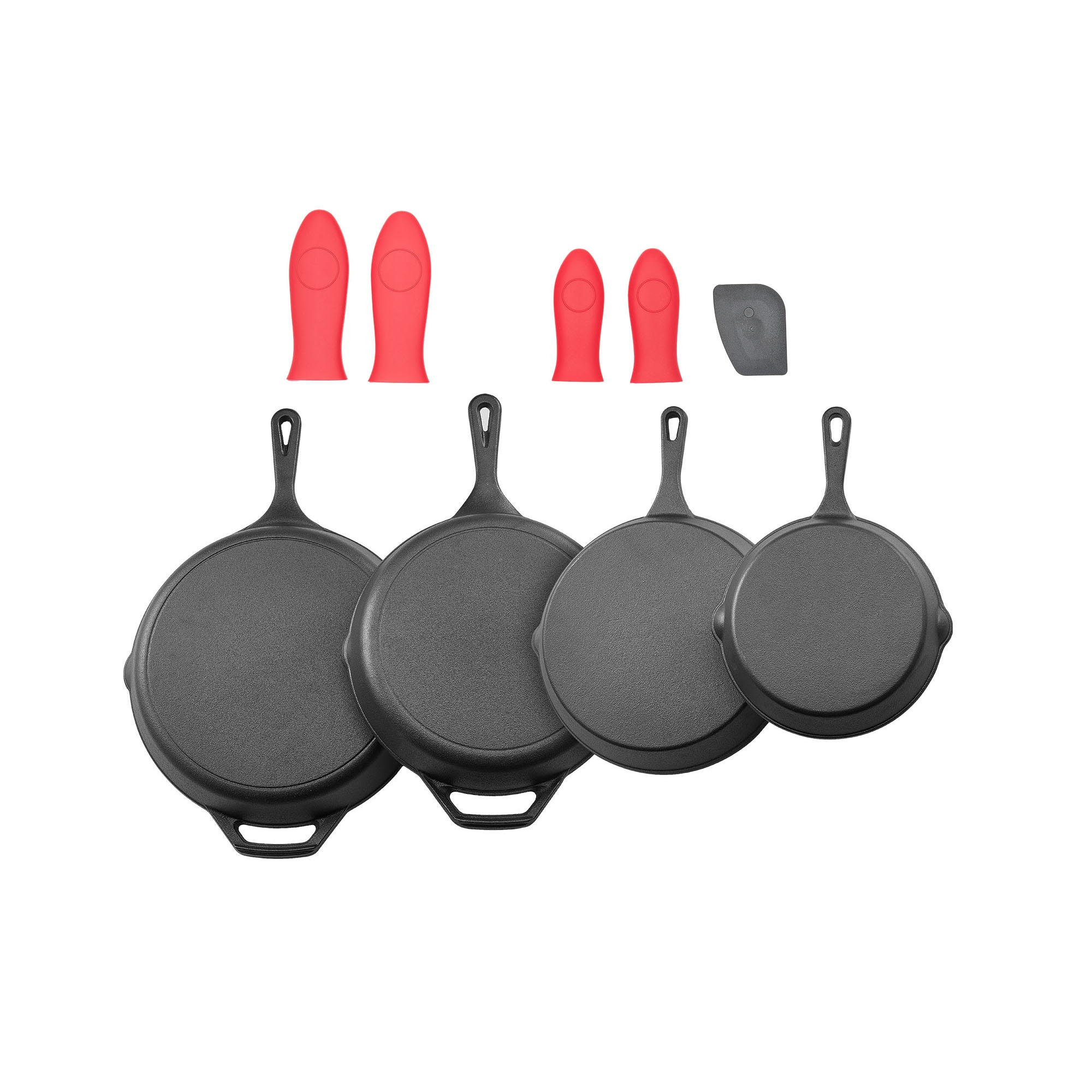 VEVOR Cast Iron Skillet, 4-Piece Frying Pan Set (6, 8, 10, 12 in), Skillets with Heat-Resistant Silicone Handle, Pre-Seasoned Chef's Pan, Black