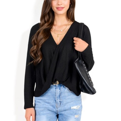 Anna-Kaci Women's V-Neck Waffle Knit Surplice Wrap Long Sleeve Top