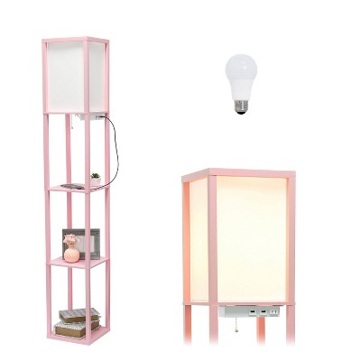 Floor Lamp Etagere Organizer Storage Shelf with 2 USB Charging Ports and Linen Shade - Simple Designs