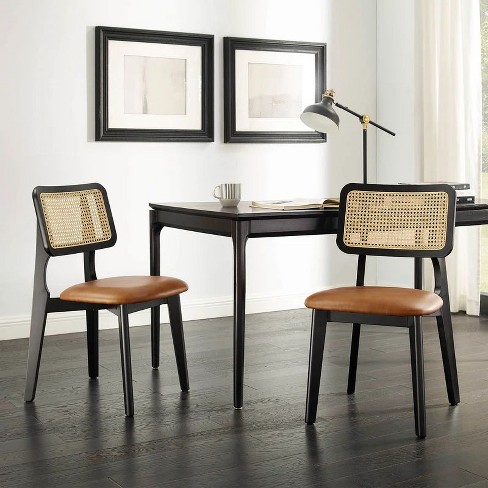 Homlux Set Of 2 Brown & Black Frame Rattan And Oak Dining Chairs With ...