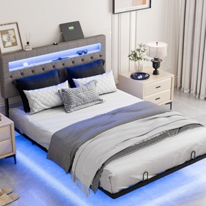 Karl Home Twin Size Metal Bed Frame with Headboard, Floating Platform Bed Frame with LED and Charging Station, Gray - 1 of 4