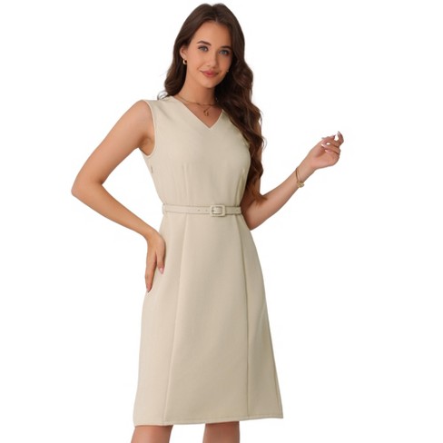 INSPIRE CHIC Women's Work Office V Neck Sleeveless Belt Waist Midi Dress - image 1 of 4