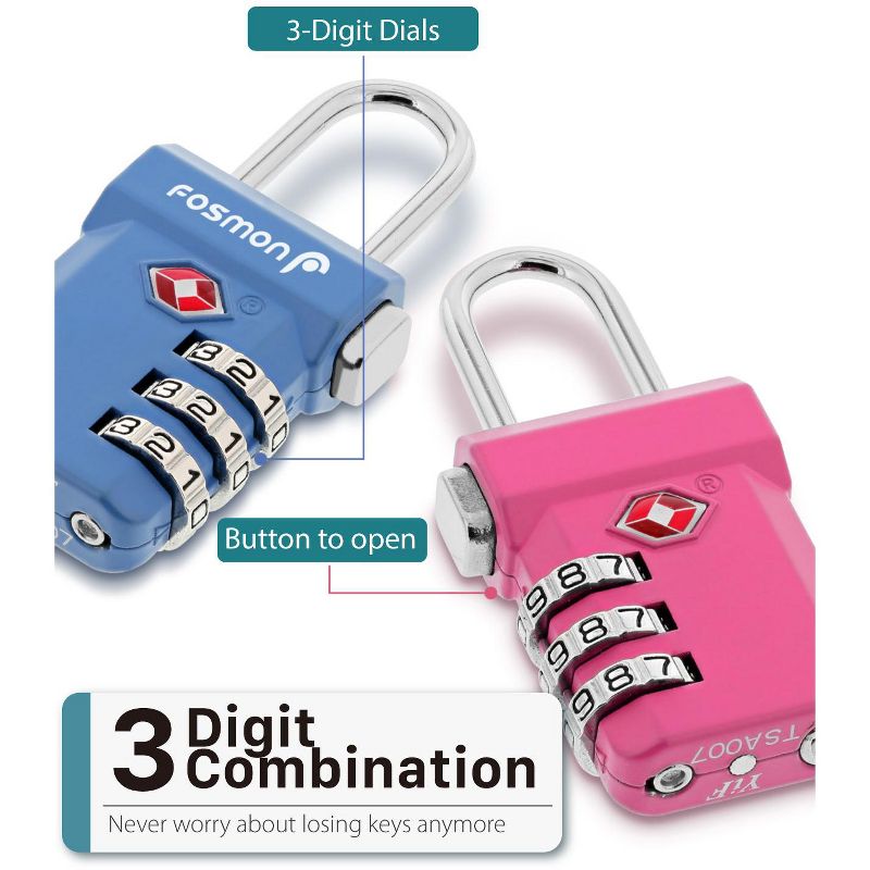Fosmon 4-Pack TSA Accepted 3-Digit Combination Luggage Lock with Unlock Button, Open Alert Indicator - Black, Blue, Pink, and Silver, 4 of 9