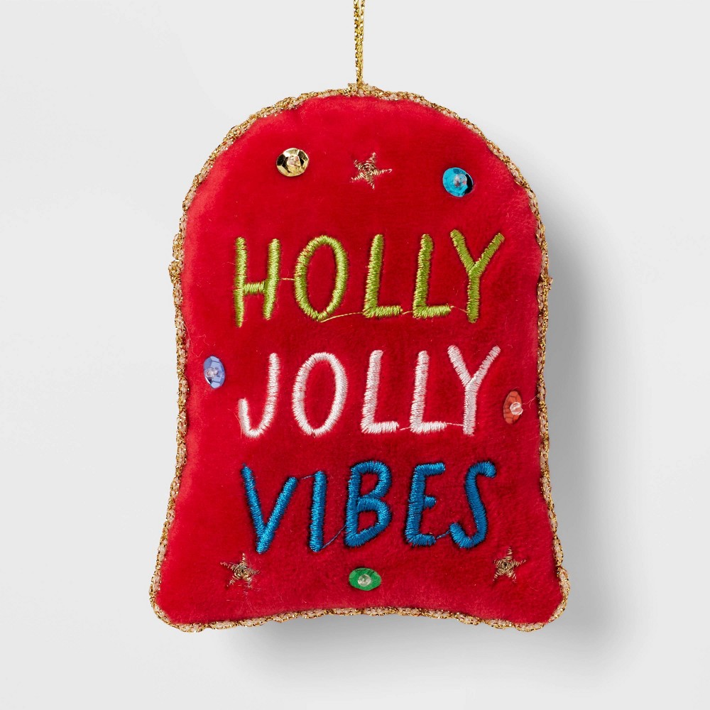 Embroidered Holly Jolly Vibes Pillow Christmas Tree Ornament Red - Wondershop