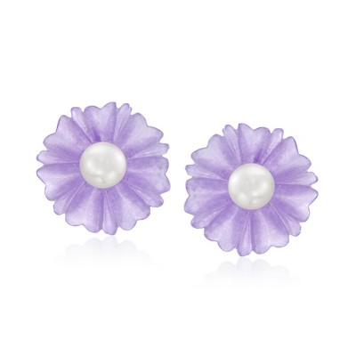 Ross-Simons 8-8.5mm Cultured Pearl and Lavender Jade Flower Earrings With 14kt Yellow Gold