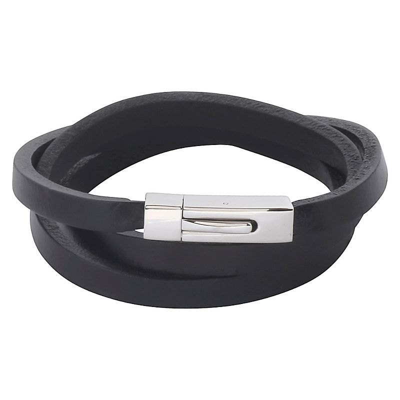 Men's Crucible Stainless Steel Black Leather Wrap Bracelet, 1 of 4