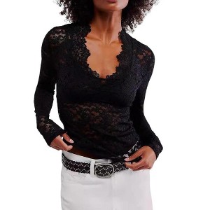Women's Top V Neck Lace Long Sleeve Sheer Blouse Elegant Hollow Out Top - 1 of 3