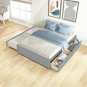 Solid Wood Full Size Bed Frame With Twin Size Trundle And 2 Storage Drawers, Space Saving Design, No Box Spring Needed - 1 of 4