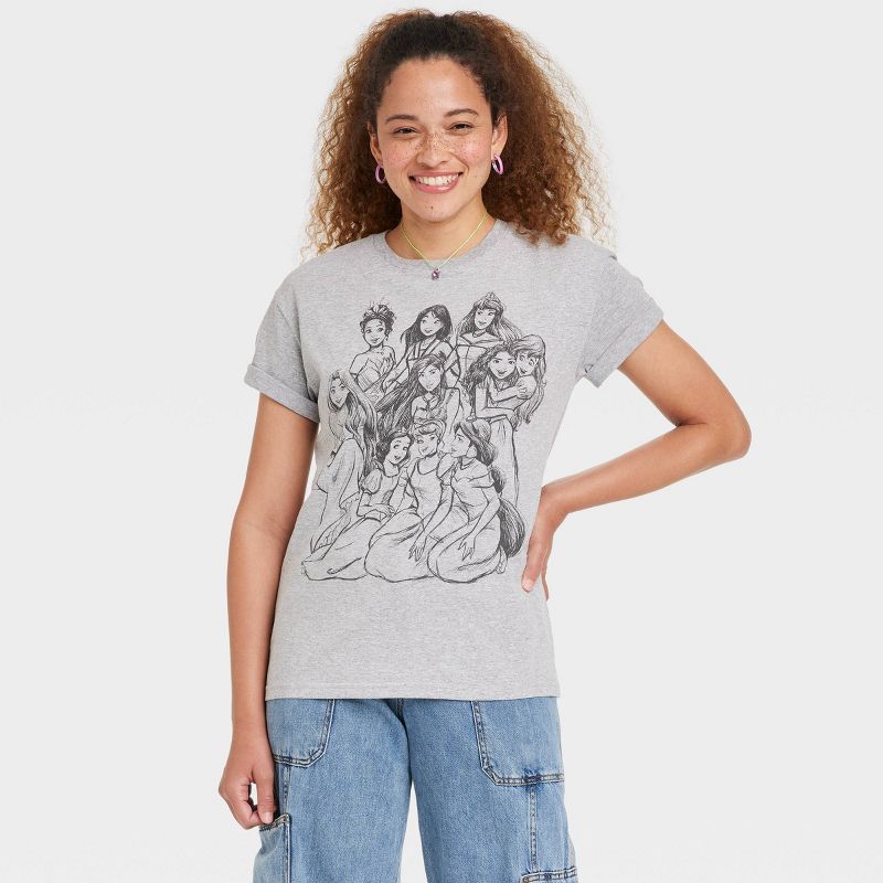 Women's Disney Princess Outline Short Sleeve Graphic T-Shirt - Gray, 1 of 7