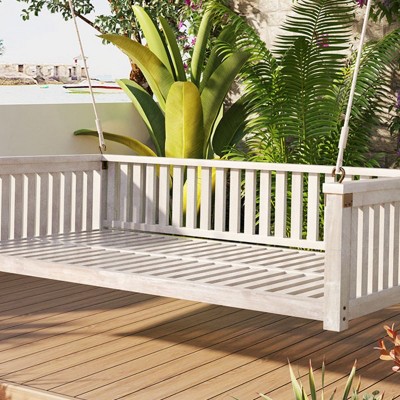 Outdoor Garden Balcony Hammock Swing Chair,Sloped Design Patio Minimalist Twin Size Swing Bed,Wood Porch Backyard Hammock with Rope-Coolbibila