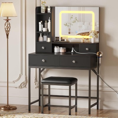 Coucheta Black Makeup Vanity Set with LED Lights - 31.5" Dressing Table with Charging Station, 4 Drawers & Stool Included