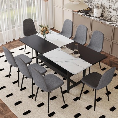 9-Piece Dining Set with Storage Space, Rectangular Table and 8 Linen Fabric Chairs