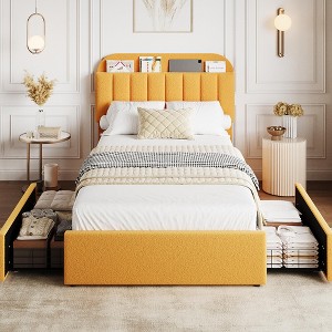 Full Bed Frame with Storage Headboard, Girls Bed Frame with 2 Drawers, Boucle Upholstered Platform Bed with Bookcase, No Box Spring Needed - 1 of 4