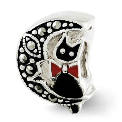 Black Bow Jewelry Sterling Silver Enamel & Marcasite Cat & Moon Double Sided Bead Charm