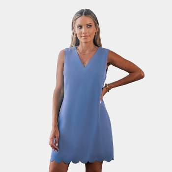 Women's Blue Sleeveless V-Neck Scalloped Hem Mini Dress - Cupshe
