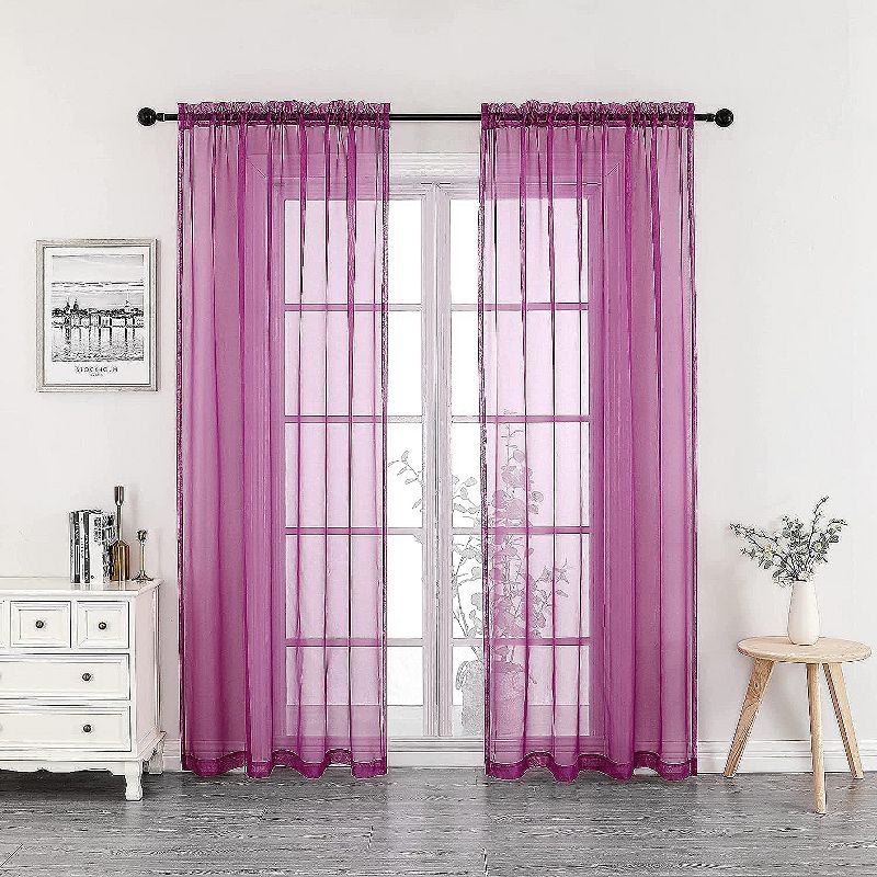 Kate Aurora 2 Piece Purple Colored Rod Pocket Sheer Voile Window Curtains, 1 of 4