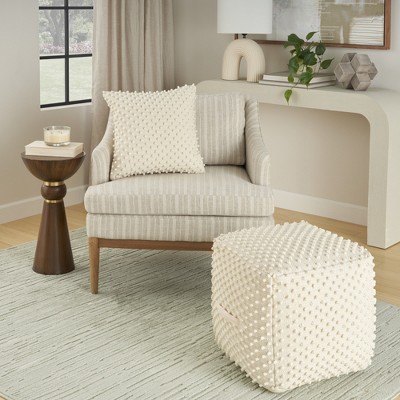 Ivory Embroidered Square Cotton-Polyester Throw Pillow 18"