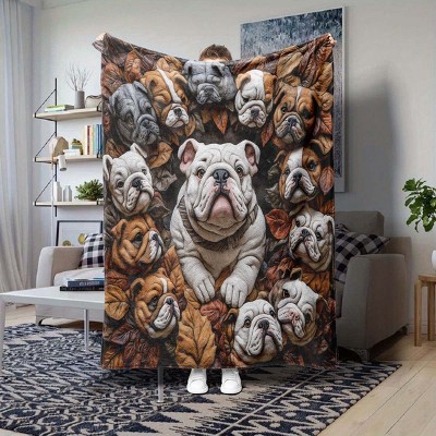 Bulldog Print Flannel Throw Blanket, Contemporary Style, All Seasons, Digital Print, Christmas Birthday Holiday Gift.