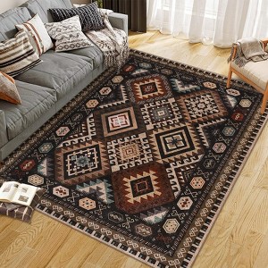 Machine Washable Geometric Area Rug, Non-Slip Low Pile Faux Wool Western Pattern Easy Care Carpet for Living Room Bedroom - 1 of 4