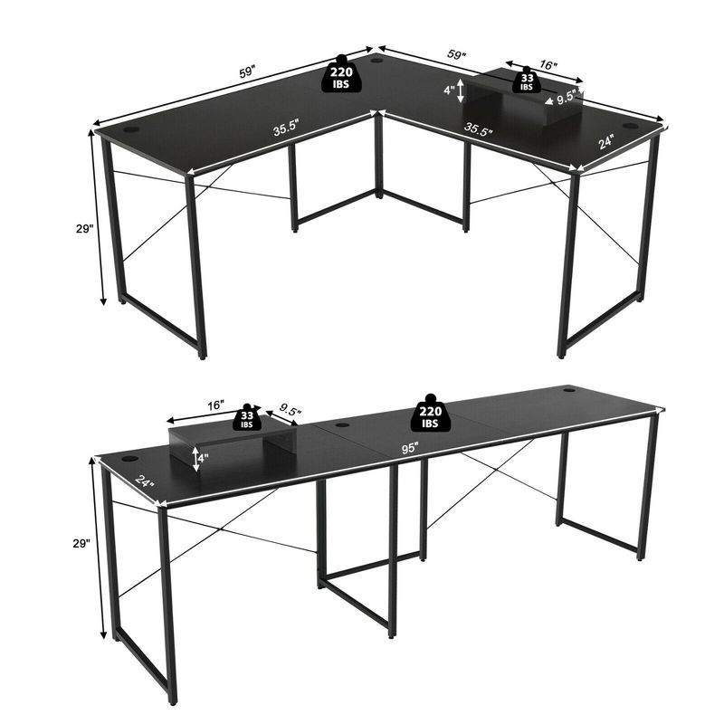 Costway L-Shaped Reversible Computer Desk 2-Person Long Table w/Monitor Stand, 4 of 13