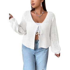 BLUEMING Women Tie Front Oversized Cardigan Bell Sleeve Knit Cropped Cardigan Crochet Bolero Shrug Sweater - 1 of 4