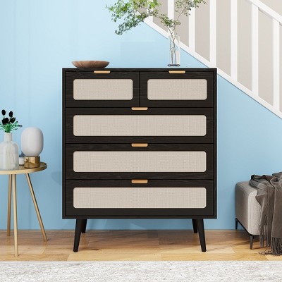 5 Drawer Cabinet Accent Storage Cabinet Wood Office File Cabinet Engineered Rattan Storage Dresser Chest